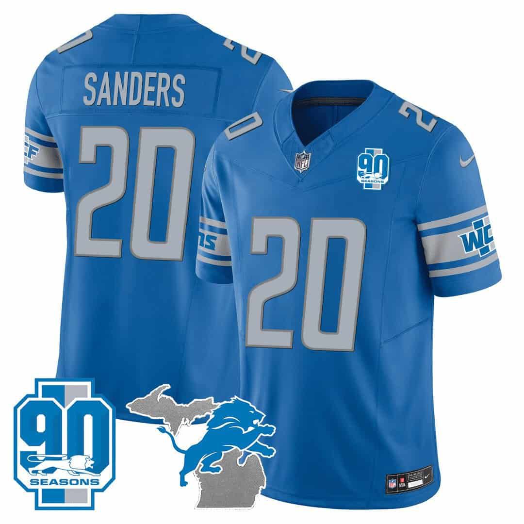 Men Detroit Lions 20 Sanders Blue 2024 Nike 90th Year Michigan Patch Vapor NFL Jersey style 1